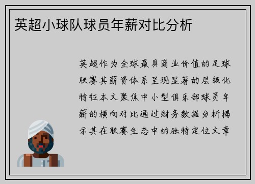英超小球队球员年薪对比分析